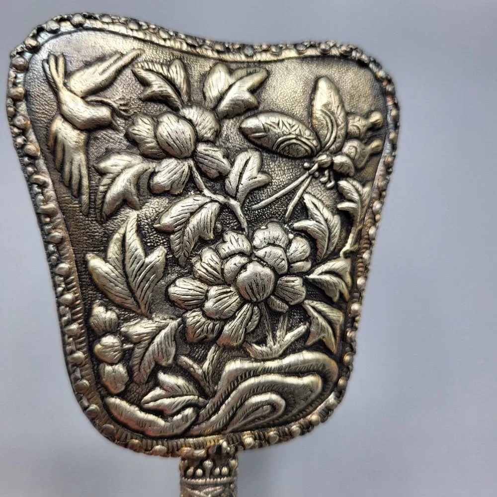 Vintage Hand Mirror Repousse Floral Dragonfly Silver Tone Ornate 6.5